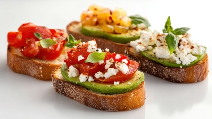 Avocado toast display with creative toppings like tomato, feta, and chili flakes