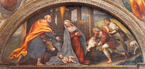 PIACENZA, ITALY - MAY 19, 2025: The fresco of Nativity - Adoration of Shepherds in the church Basilica di Santa Maria di Campagna by  Pordenone (1531-1532).