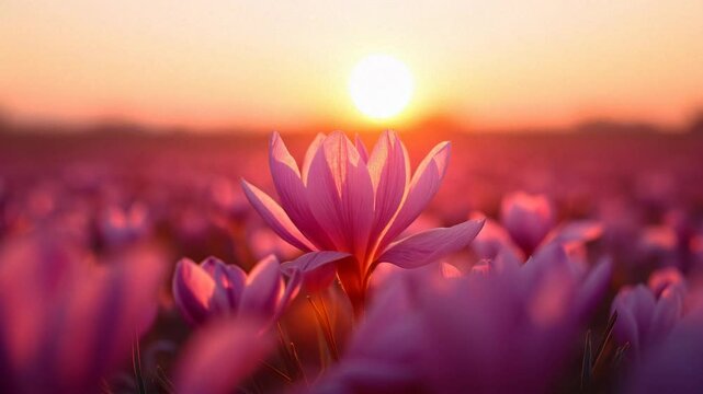 Single purple crocus flower stands out sharply in a field glowing with soft sunset light