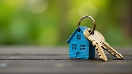 Golden key with a blue house shaped keychain, new home mortgage renting concept - Powered by Adobe