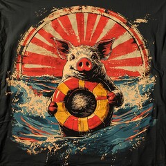 Pig with life preserver in ocean