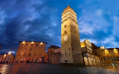 Pistoia - The San Zeno cathedral and Piazza del Duomo square at dusk.