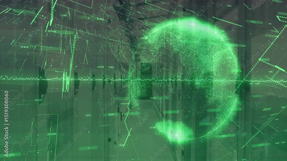 Poster green waveform rising across server racks feeding data forming pulsating globe monitoring network