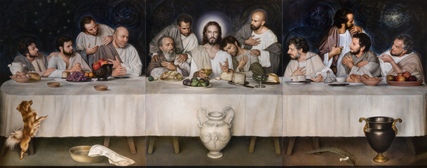 PIACENZA, ITALY - MAY 19, 2025: The painting of Last Supper in the Cathedral - Cattedrale di Santa Maria Assunta e Santa Giustina by Ulisse Sartini (2015).
