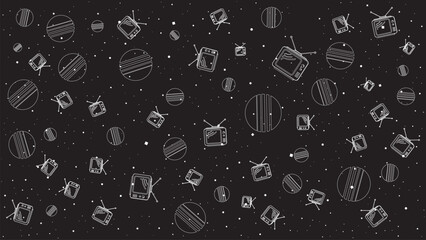 Retro TV Floating in Space with Striped Planets and Stars on Black Background Seamless Pattern