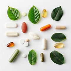 Pills and Green Leaves: Natural Wellness and Medicine Concept.