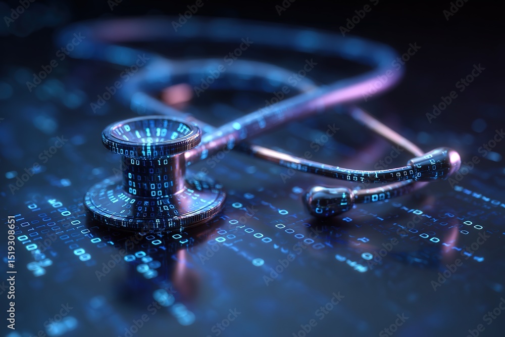 Poster stethoscope with medical technology and binary code on abstract blue background, showcasing digital 