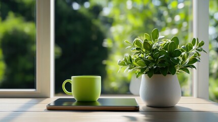 Bright morning scene with tablet, potted plant, and cup on textured wood tabletop