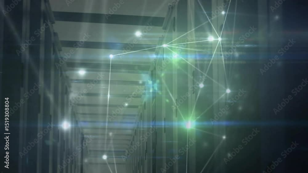 Aufkleber network overlay appearing on server aisle, nodes pulsing, lines forming, flares showing data flow