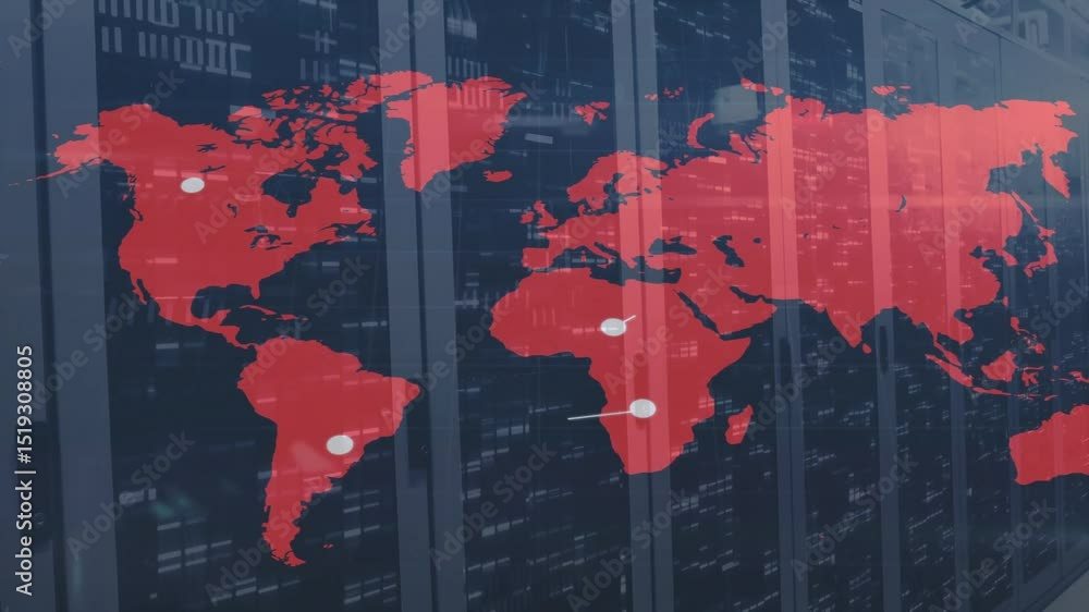 Aufkleber servers unveiling red map, nodes popping and linking continents to show shifting network routes