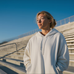 White Hoodie Worn by Woman Outdoors in Natural Light