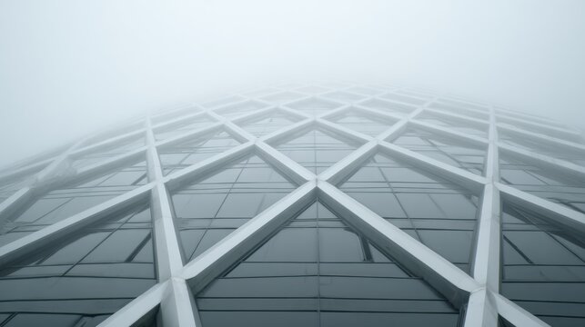 Modern skyscraper with geometric-patterned facade partially shrouded in dense fog, featuring large dark-tinted windows framed by white angular metal beams, creating a futuristic and ethereal atmospher