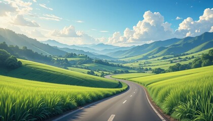 Serene winding road through lush green valley