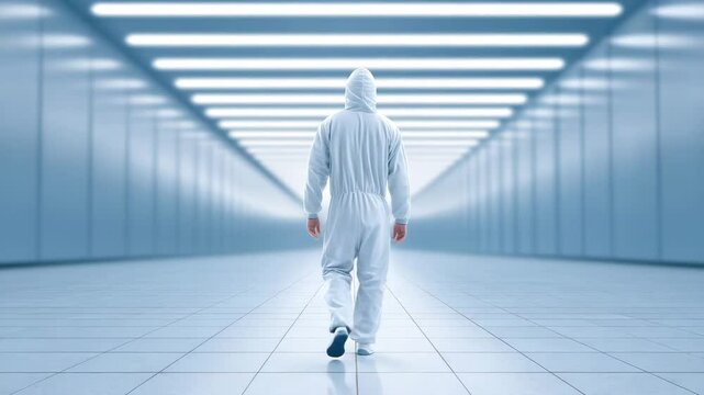 Protective Suit in Modern Space: A solitary figure clad in a pristine protective suit strides confidently through a sleek, futuristic corridor, embodying safety and innovation. 