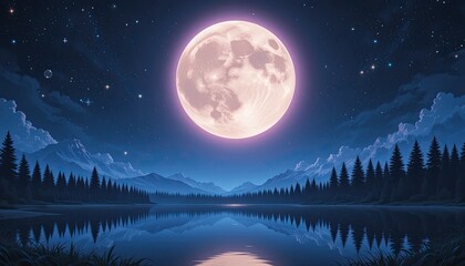 Naklejka premium Serene Night Landscape with Full Moon over Lake and Mountains