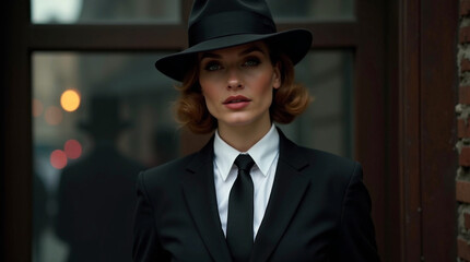 Portrait of a young woman in a suit and hat.