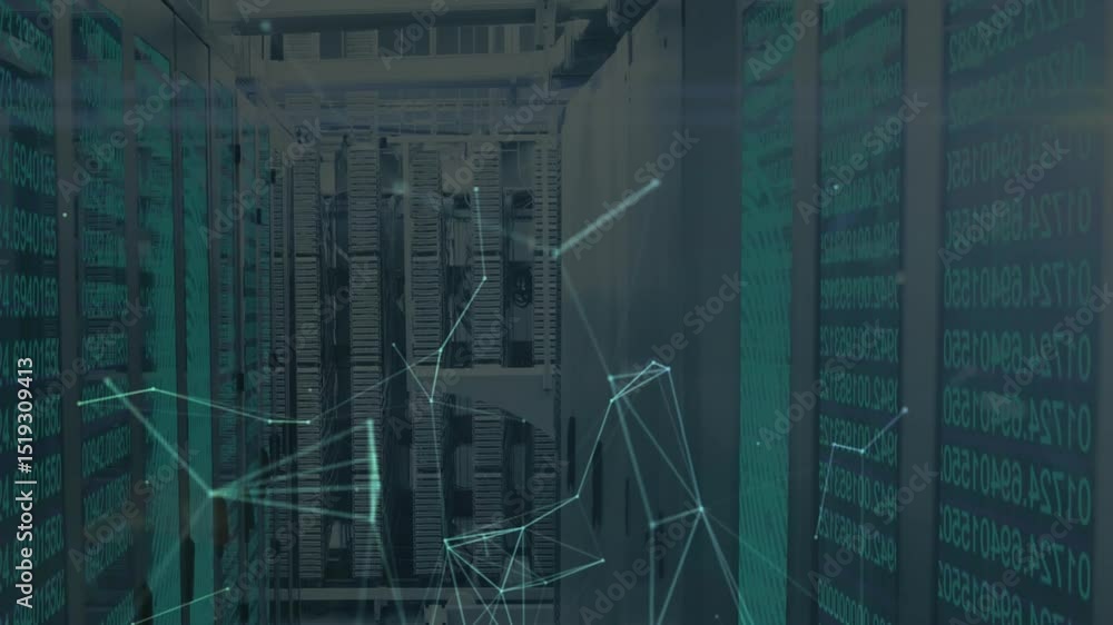 Poster faint lines appearing in server aisle, wireframe nodes pulsing connecting representing data streams