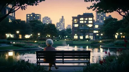 Elderly Woman Contemplating Life on Park Bench at Dusk with City Lights - Powered by Adobe