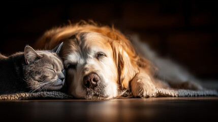 Golden retriever and kitten sharing a quiet moment on a cozy blanket, a heartwarming bond between unlikely friends