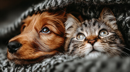 Golden retriever and kitten sharing a quiet moment on a cozy blanket, a heartwarming bond between unlikely friends
