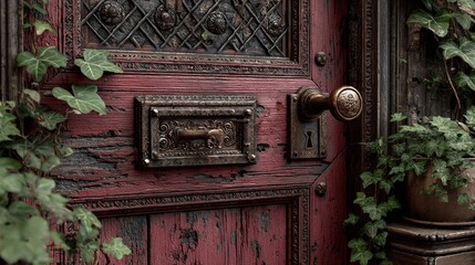 Close-up of a deep red wooden door with rotting wood texture on the doorstep of an old manor house, showcasing weathered details and rustic charm in a hyper-realistic and photorealistic style.