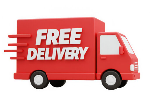 Red Delivery Truck with Free Delivery Text, 3D Rendering for E-commerce and Retail Promotion, Fast Shipping, Isolated on Black