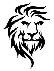 Stylized black lion head vector illustration. Lion head logo icon symbol. Silhouette lion face with flowing mane, strong expression, powerful animal symbol on white background.