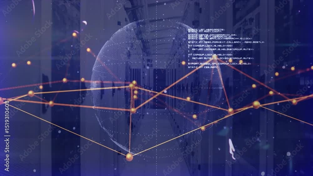 Poster on data load, translucent globe emerging in server corridor, forming network mesh to show data flow