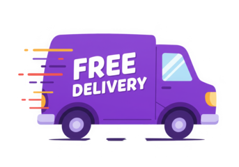 Cartoon Style Vector Illustration of a Free Purple Delivery Van with Speed Effect, Ideal for E-commerce Promotion and Fast and Reliable Online Courier Services