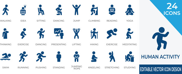 A dynamic vector icon set featuring everyday human actions like walking, exercising, reading, and more. Perfect for fitness, lifestyle, education, and productivity-related design projects