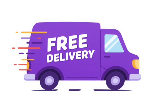 Cartoon Style Vector Illustration of a Free Purple Delivery Van with Speed Effect, Ideal for E-commerce Promotion and Fast and Reliable Online Courier Services