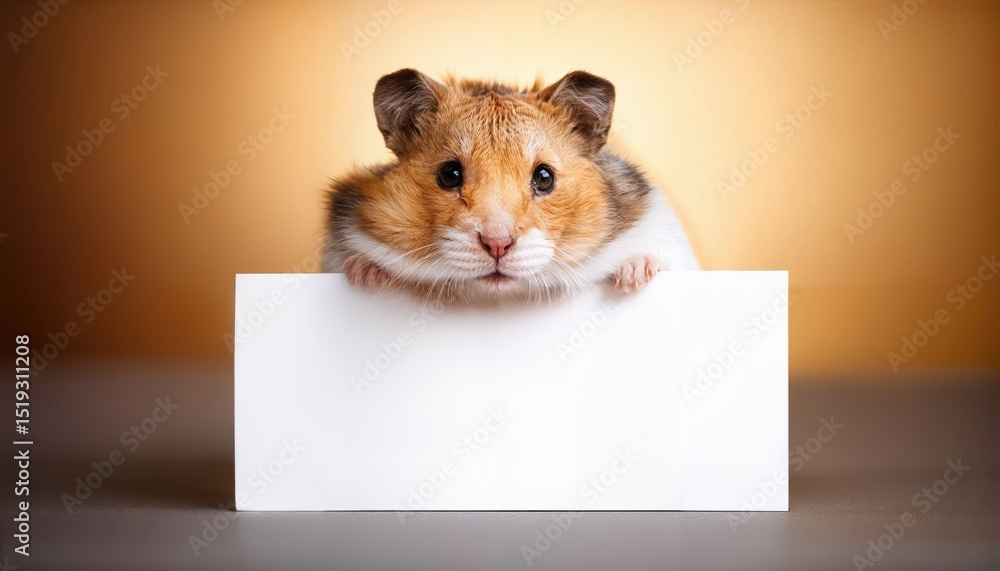 Poster adorable hamster in staged setup with white prop, expressing playful and innocent vibes amidst a min