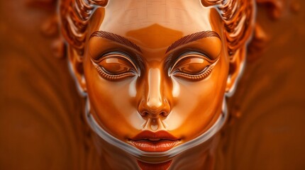Glossy golden face sculpture with closed eyes, half emerged in the water.