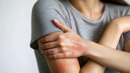 Woman with eczema or rash on arm scratching skin
