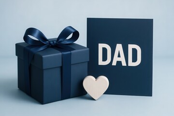 A beautifully  Fathers day arranged scene featuring a blue gift box adorned with a matching ribbon, a card with the word DAD, and a wooden heart