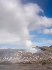 Vertical landscape view of Mount Bromo active volcano in Tengger caldera with plume of smoke, Bromo Tengger Semeru National Park, East Java, Indonesia