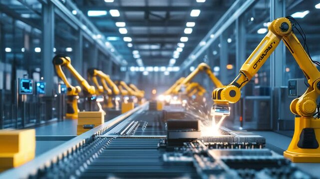 A factory with robots on a conveyor belt. The robots are yellow and are working on a machine