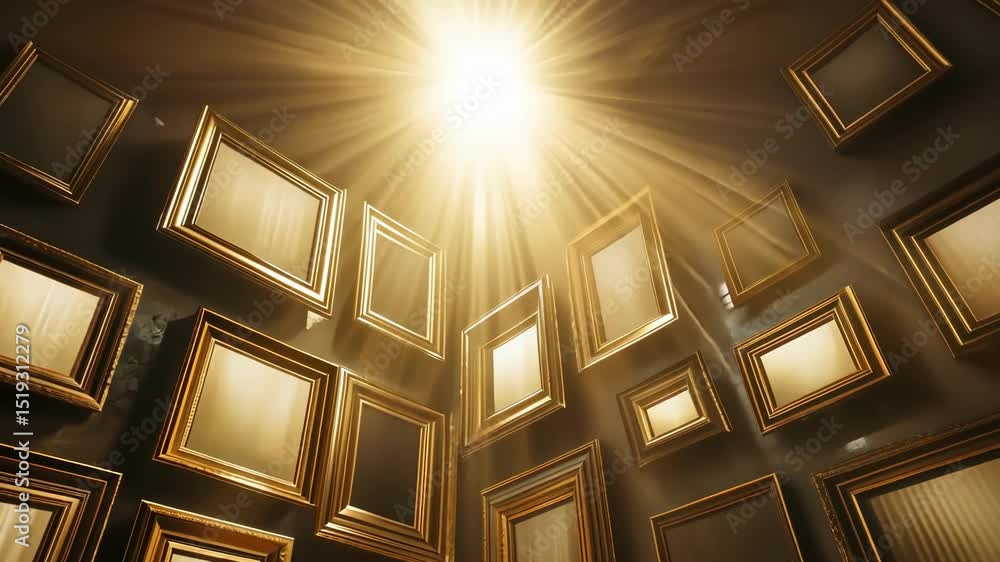 Poster abstract frames arrangement with bright light for art gallery and design concept. golden frames patt