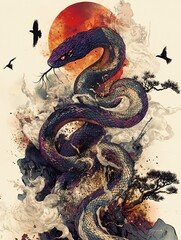 Serpent amidst smoky landscape
