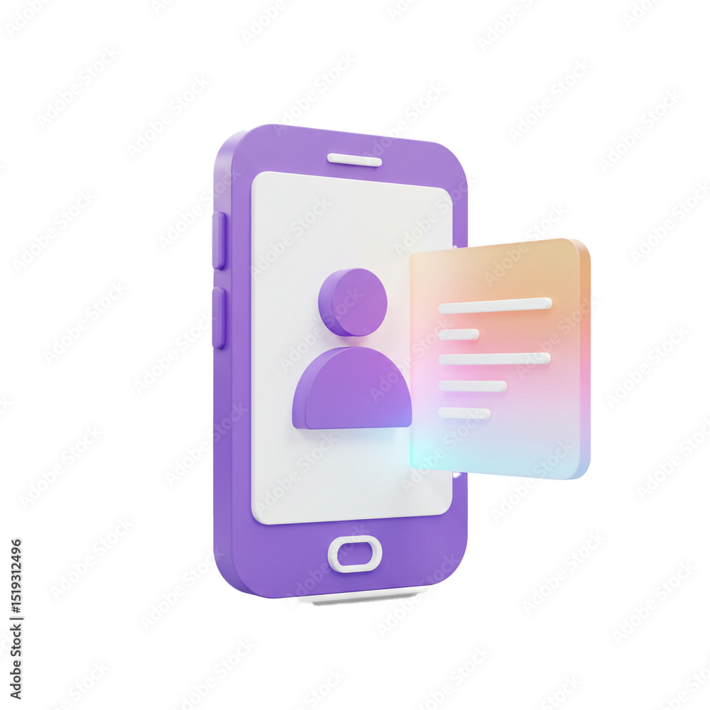 Poster 3d rendered illustration of a purple smartphone with user profile and data document