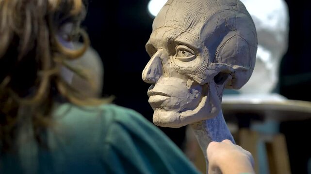 Female artist working intently on anatomical clay sculpture, back view. Detailed muscle and bone structure study in artistic workshop setting.