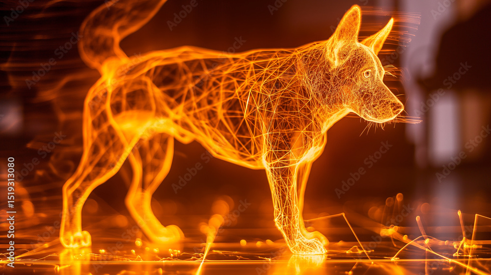 Poster this glowing hologram of a dog floats in a futuristic setting, displaying its digital form.