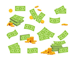 Cartoon banknotes and coins. Green dollar bill packs  bundles  stacks and piles