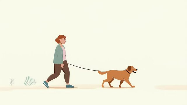 Woman Walking Golden Retriever on Leash, Minimalist Illustration
