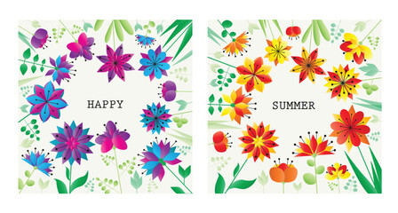Colorful flower background. Vector colourful floral frame with abstract flowers and place for your text. Birthday greeting card, summer holliday or summer sale template. 
