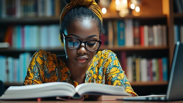 Focused young African woman studies reading book in library under lamp light.
