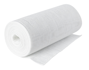 A rolled white gauze bandage with a textured surface, partially unrolled and ready for use.