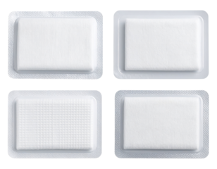 Four sterile medical gauze pads in sealed packaging arranged in a grid.