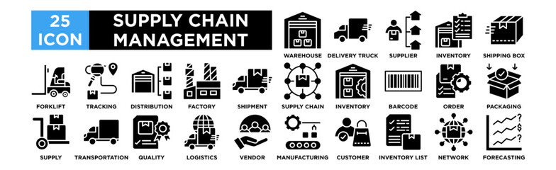 Supply Chain Management icon collection set. Warehouse, Delivery Truck, Supplier, Inventory, Shipping Box