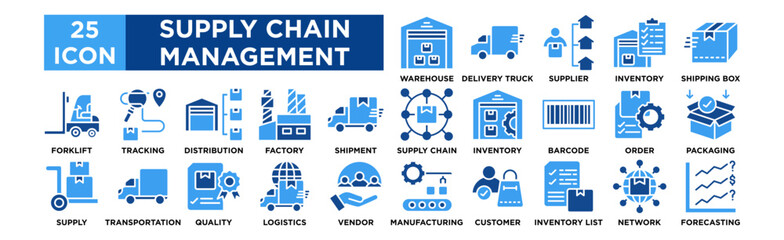 Supply Chain Management icon collection set. Warehouse, Delivery Truck, Supplier, Inventory, Shipping Box